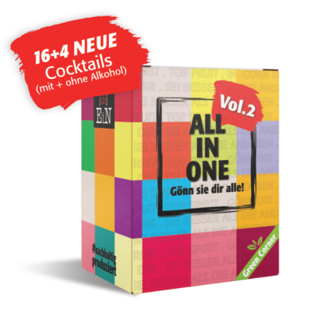 Die Qual der Wahl? Das ist was für Anfänger! Mit unserer "ALL IN ONE" PART 2 Tasting-Box musst du dich nicht entscheiden und kannst alle unsere Klassiker bestellen – sowohl mit als auch ohne Alkohol.  Lad deine Freunde ein und genießt einen bunt-gemischten Cocktailabend.