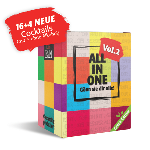 Die Qual der Wahl? Das ist was für Anfänger! Mit unserer "ALL IN ONE" PART 2 Tasting-Box musst du dich nicht entscheiden und kannst alle unsere Klassiker bestellen – sowohl mit als auch ohne Alkohol.  Lad deine Freunde ein und genießt einen bunt-gemischten Cocktailabend.