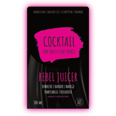 Augen zu und Mund auf! Stell dir deinen „REBEL JUICER“ vor. Um die Vorstellung Realität werden zu lassen, trink einen Schluck von diesem Cocktail und lasse dich von bunt gemischten Früchten und einem Hauch von Himbeere & Holunder durch deinen Mund treiben.