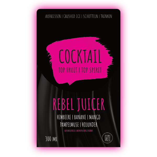 Augen zu und Mund auf! Stell dir deinen „REBEL JUICER“ vor. Um die Vorstellung Realität werden zu lassen, trink einen Schluck von diesem Cocktail und lasse dich von bunt gemischten Früchten und einem Hauch von Himbeere & Holunder durch deinen Mund treiben.