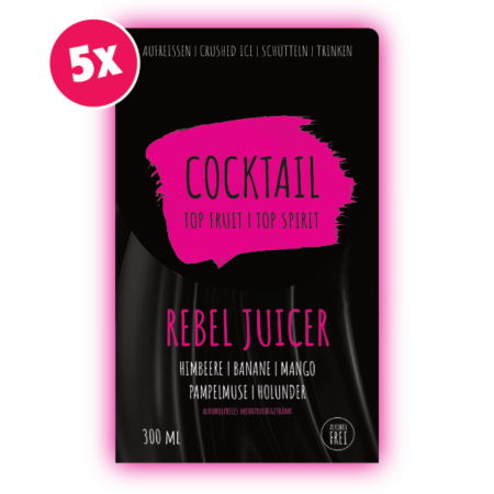 Augen zu und Mund auf! Stell dir deinen „REBEL JUICER“ vor. Um die Vorstellung Realität werden zu lassen, trink einen Schluck von diesem Cocktail und lasse dich von bunt gemischten Früchten und einem Hauch von Himbeere & Holunder durch deinen Mund treiben.