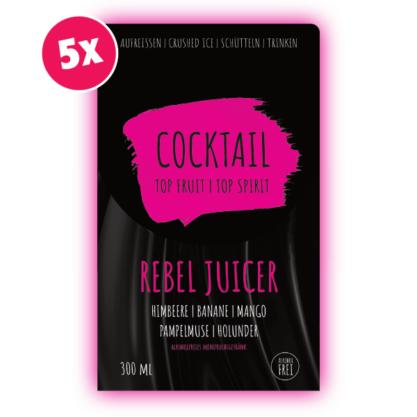 Augen zu und Mund auf! Stell dir deinen „REBEL JUICER“ vor. Um die Vorstellung Realität werden zu lassen, trink einen Schluck von diesem Cocktail und lasse dich von bunt gemischten Früchten und einem Hauch von Himbeere & Holunder durch deinen Mund treiben.